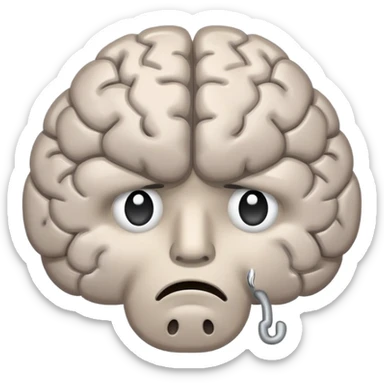 A sad, unhealthy brain with a frowning face, looking sick and tired sticker