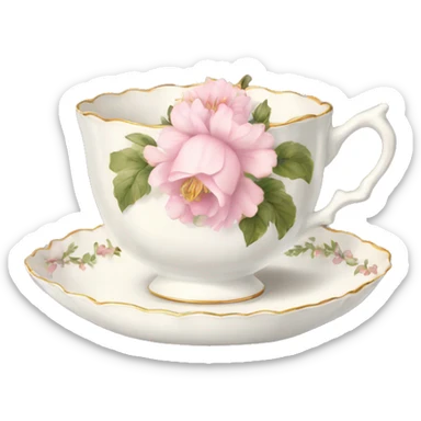 White teacup with baby pink floral antique print  sticker
