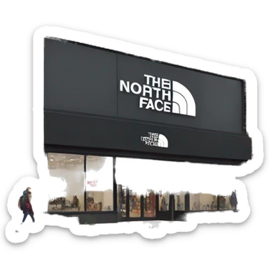 “The North Face store exterior with a rugged, modern facade, the iconic logo displayed prominently, large windows showcasing outdoor gear, and a natural, adventurous vibe.” sticker
