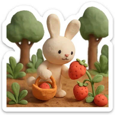 bunny picking strawberries in the woods, sweet pastel red, claymation style sticker