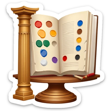 An icon featuring a paint palette, a sculpture, and a book, symbolizing the study of culture and art. The design includes a classical column and a canvas, representing art history and cultural exploration. Transparent background highlights the connection between creativity and history. sticker