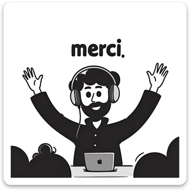 A person with black hair, brown eyes, and a black beard wearing a gaming headset, raising hands saying "merci" to an audience sticker