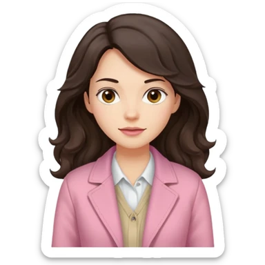 Portrait of woman with dark long wavy hair in white shirt, pink pullover and beige jacket sticker
