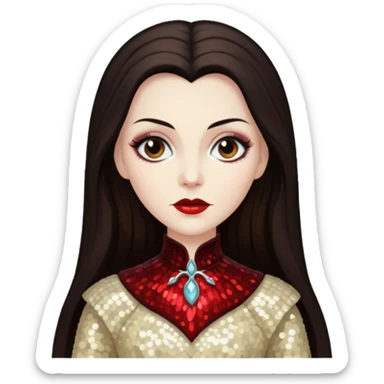 Countess Dracula with long dark brown hair, cream sequin outfit  sticker