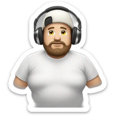 DJ with a cream white hat and headphones hanging over the cap. Brown hair. Fat dude. sticker