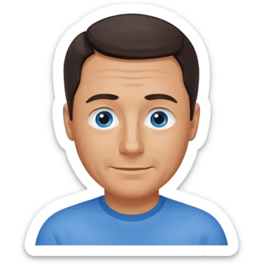 Middle aged man with tanned skin, receding dark hair and no beard, blue eyes, shy smile sticker