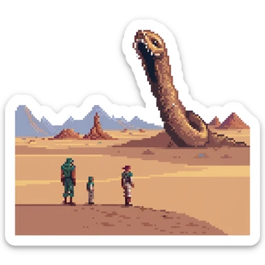 Dune's Arrakis landscape, sandworm erupting from the desert in the midground, three people in the foreground, rocky background, dusk sky, in a pixel art style sticker