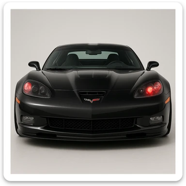 a black 2006 Chevrolet Corvette C6 ZR1 with a red headlight, detailed, sporty, front view sticker