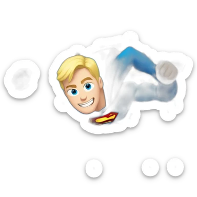 flying superman, blue eyes, blond hair, Pixar style sticker