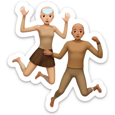 a bald brown person jumping over a skinny very pale person to protect her  sticker
