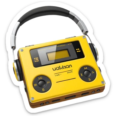 3D render of Walkman, vintage 1980s audio equipment aesthetic, tactile analog buttons, bright sports yellow plastic case with black foam headphones, mixed wood grain and brushed aluminum textures, Apple emoji style, isolated on white background --v 6.0 sticker