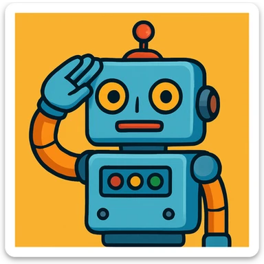 robot in the exact pose of the standard salute emoji, head and body resembling the classic robot emoji, vibrant cartoon style sticker