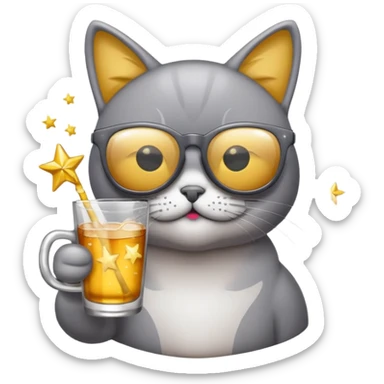 Fait un chat gris avec des lunettes de stars et avec un verre d alcool qui fait la fête sticker