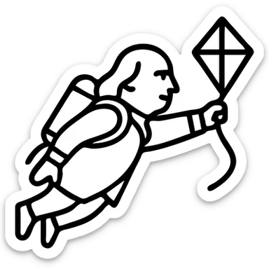 Ben Franklin flying with jetpack, left hand holding diamond kite, right arm reaching forward, clean modern black outline, startup logo sticker