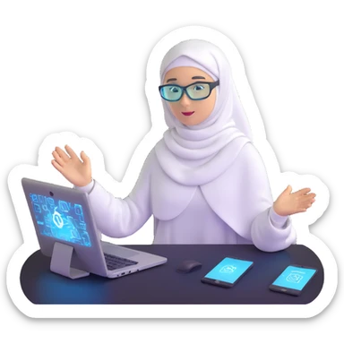 computer engineer with white hijab actively coding and building in the metaverse, hands manipulating holographic code, creating virtual structures, programming digital environments, surrounded by her code creations coming to life, AR glasses on sticker