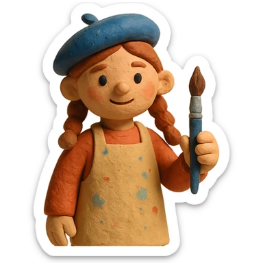 girl artist character wearing a beret and apron holding a paintbrush sticker