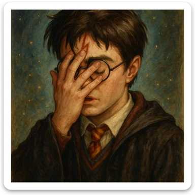 Harry Potter doing a facepalm, glasses, lightning scar, wizard robe, magical style sticker