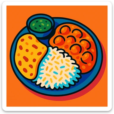 a plate of Indian food, vibrant and colorful, showing rice, curry, naan, and chutney, modern illustration style sticker
