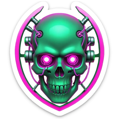 Cyberpunk shield, skull with cybernetic implants, glowing wires, dark electric pink and grenn, black tones, no background sticker