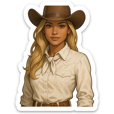 cowgirl character, blonde long hair, brown eyes, tanned, white attire, classic cowboy hat sticker