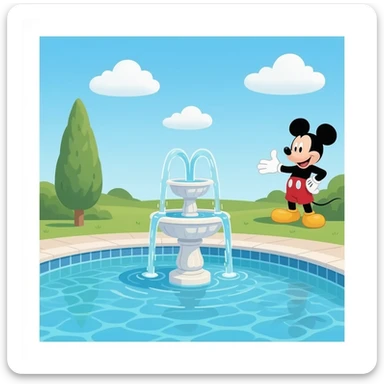 Micky mouse fountain next to swimming pool sticker
