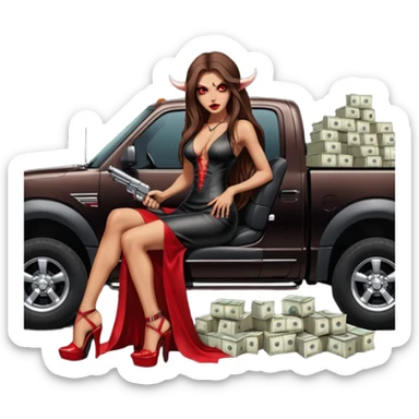 Lilith symbol red eye seductress evil long brown haired sexy succubus woman with leather long dress with slit on, sitting in Big Large F350 pickup truck. Platform long high heels on feet. Back seat full of stacks of cash, she is  Holding a man dead human skull of her enemies and a gun in other hand sticker