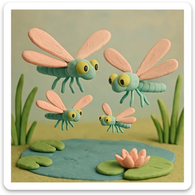 claymation style dragonfly family, two large and two small dragonflies hovering together above a pond, soft pastel colors, playful and gentle scene sticker