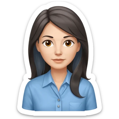 vit 50-årig kvinna med jättelångt mörkbrunt hår med grå/vita slingor bruna ögon ljusblå skjorta med översta knappen uppknäppt sticker