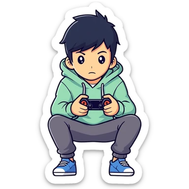Cool boy kid with black hair and a cool hoodie and playing video games  sticker