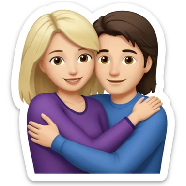 A happy boyfriend and girlfriend hug. She is brunette sexy with long hair. He is blonde short hair sticker