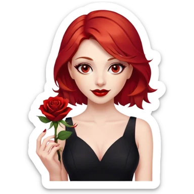 a beautiful woman with red hair and red eyes. The woman wear a black little cutted dress. She have red lipstick and she have a seductive look and smile. She have a rose flower in her hair sticker