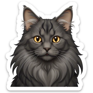 Portrait of a black smoke Maine Coon cat with long grey ear tufts and a large grey ruff around its neck. The cat has a majestic expression, with fluffy fur and striking eyes. Transparent background. sticker