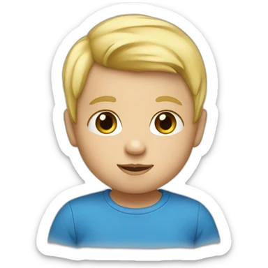 A baby with blond hair and a blue T-shirt sticker