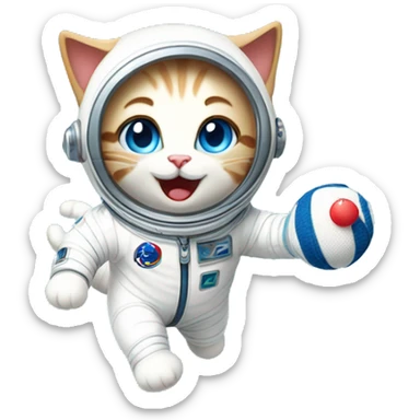 Create a cute cat emoticon wearing a white spacesuit with blue eyes. The cat is playfully upside down in the air, tossing a ball of yarn while having fun. The overall expression should be adorable and whimsical. 
 sticker