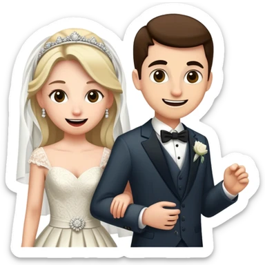 Person in fancy clothes sneaking into a wedding ceremony with a mischievous grin, uninvited guest sticker