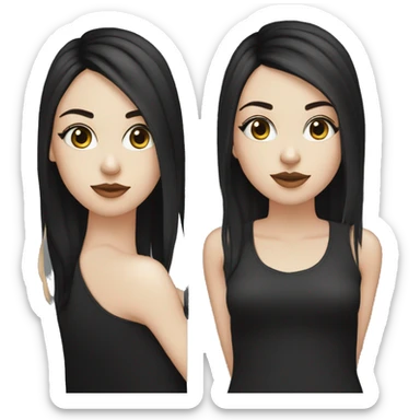 A white girl with black eyes with middle length hush cut black hair and wearing black clothes and  sticker