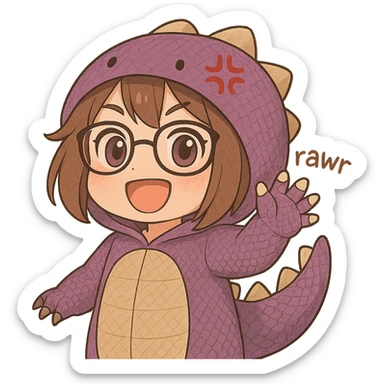 Chibi anime style girl with glasses, brown hair, dark purple eyes, wearing a purple dinosaur costume with detailed features including scales, textured belly, small claws, and a patterned tail, saying 'rawr' in a cute playful way, no background. Match the style of the reference image. sticker