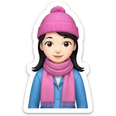 Kid wearing pink hat and scarf, black hair, full body sticker