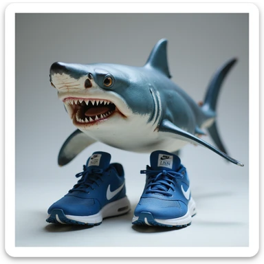 a realistic shark wearing blue Nike shoes, detailed and lifelike sticker