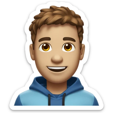 A digital 3D emoji-like face with brown hair, a small mole under the right eye, wearing white earbuds, and smiling. The character is wearing a dark blue hoodie and a black Nike crossbody bag. The background is a gradient light blue. sticker