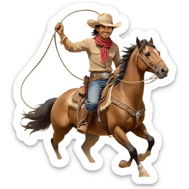 clash-of-clans-aesthetic_-cinematic-playful-cowboy-portrait-emoji, head-tilted with a roguish, cheeky grin and twinkling eyes, featuring a wide-brimmed cowboy hat and a weathered bandana on tan skin, riding a powerful galloping horse with dynamic flowing mane, reins gripped firmly in one hand and a lasso in the other, as dust swirls behind them in a vast desert landscape. sticker