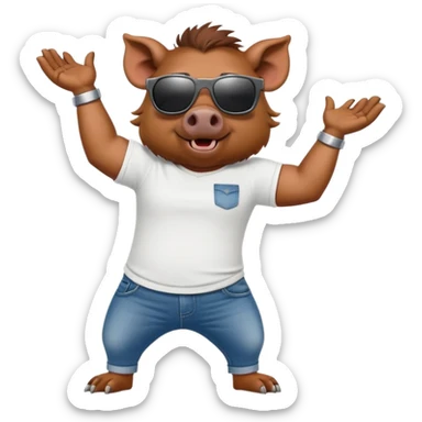 friendly anthropomorphised boar in jeans and a t-shirt, wearing dark sunglasses, stretching pose sticker