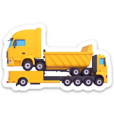 yellow sleeper semi truck with a large end dump trailer in a country landscape, 3D emoji style sticker