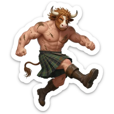 big buff curly hairy man covered in dirt with freckles with messy light brown bangs that covers his face completely with bull horns and bull ears and bull tail dressed in kilt jumped up kicking with his strong leg in boots with wind in his hair front view sticker