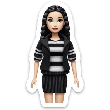 Bouclé Beauty Barbie, Wednesday Addams from academy, in dark-gray and black striped outfit. sticker