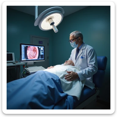 realistic hospital scene with adult patient lying down for colonoscopy, endoscopic monitor showing 5mm polyp, doctor indicating early suspicious changes sticker