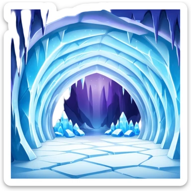 A breathtaking ice cave glowing with blue light, featuring smooth, curved walls made entirely of translucent ice. The interior reflects shimmering shades of blue and purple, with natural light filtering through the frozen surface. Realistic detail, cinematic lighting. sticker