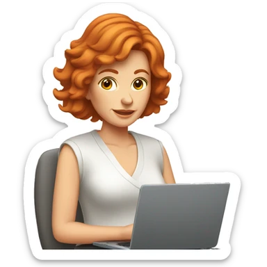 red headed older lady with shoulder length hair using laptop sticker