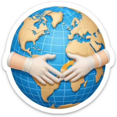 Generate an emoji of two hands shaking in front of a globe. Have the global have a bandage wrapped around it. sticker