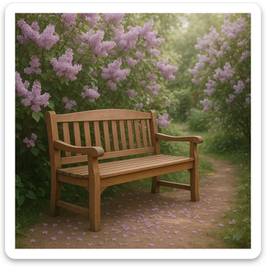 A simple garden bench with lilac flowers growing around it, petals scattered on the ground, tranquil mood sticker